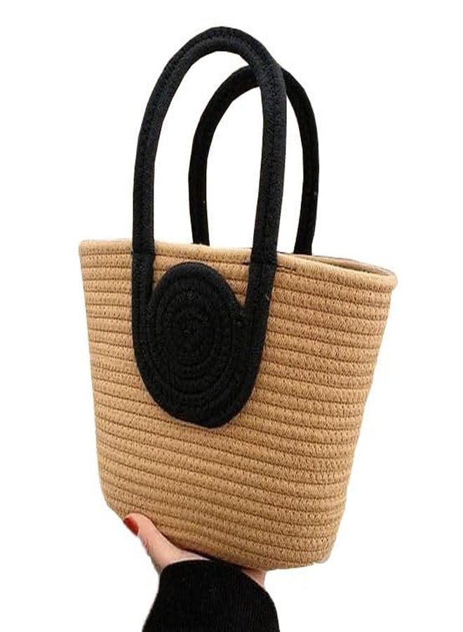 UNNAK Cotton Jute Rope Durable Small Size Tote Bag, Dual Tone,Attractive Hand Bag | Small Tote | Summer Bucket | Bamboo Beach Basket for Women | Boho Handbag | Jute Handmade | Black And Beige - Image 1